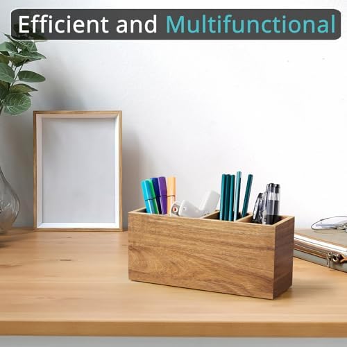 Bivvclaz Pencil Pen Holder for Desk, Acacia Wood Office Desk Organizers and Accessories with 4 Slots for Countertop, Makeup Brush Holder Organizer for Bathroom Vanity, Silverware Caddy for Party - Image 3