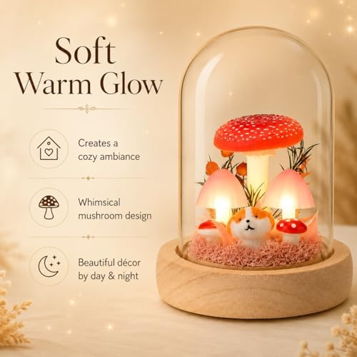 QUELIEN Mushroom Lamp in Glass Dome,Mushroom Gifts for Women - Warm White LED Night Light for Bedroom Decor,Birthday Party Decorations,Ideal Birthday Gift Valentines Gift - Image 2