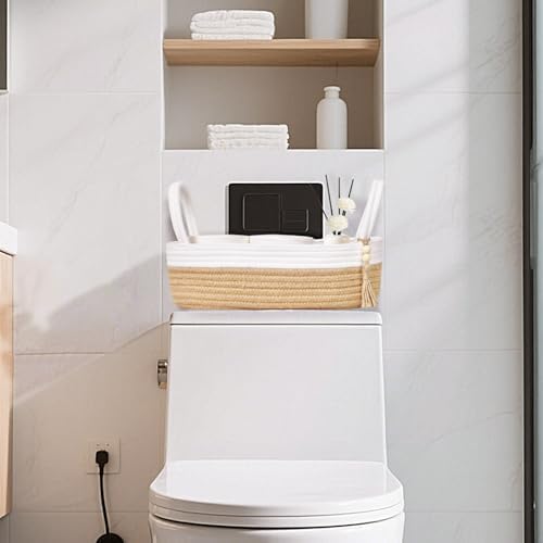 ABenkle Small Storage Basket for Toilet Tank Top - Jute Rope Woven Organizer with Handle, Boho Countertop Bathroom Decor, Toilet Paper Holder, 13x6x4 Inch - Image 4