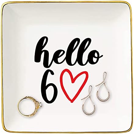 Topthink Hello 60 - Ceramic Jewelry Holder Ring Dish Trinket Tray - Funny 60th Birthday Gifts for Women Boss,Wife,Sisters,Bestie,Best Friends,Co-workers - Turning Sixty Present - 60 Years Old Gift by Topthink