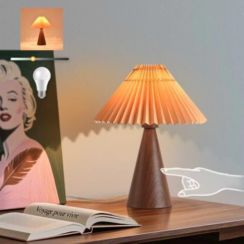 Ziqqeelam Wood Touch Control Table Lamp, Mini Cute Table Lamp, Wooden Grain Bedroom Lamps for Nightstand, Small Scalloped Lamp Shade Table Lamps for Small Spaces for Bedroom,Living Room by Unknown