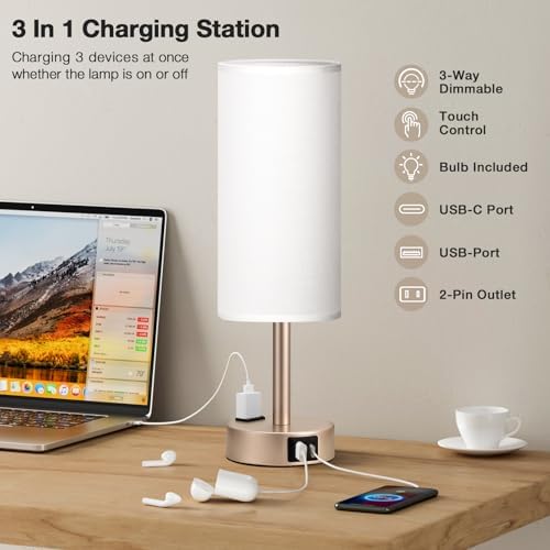 Antique White Bedside Table Lamp, Dimmable Touch Lamp, USB A+C, AC Outlet - Image 2