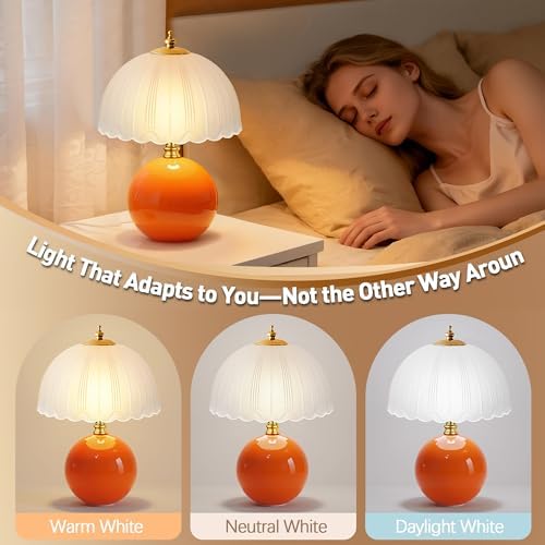 PARTPHONER Mushroom Table Lamp, Ceramic Bedside Lamp with Glass Shade, 3-Way Lighting (2700K-5000K) Rocker Switch, Small Nightstand Lamp for Bedroom, Living Room, Office, Orange - Image 3