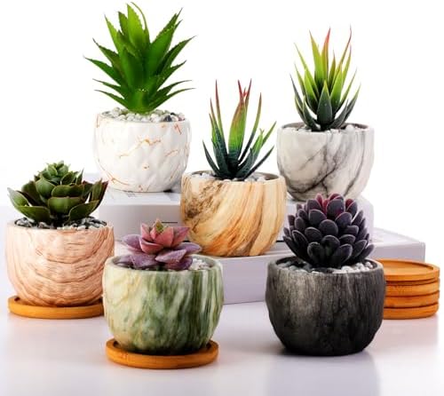 Ziliny Marbling Ceramic Flower Pot 3.35 Inch Succulent Small Plant Cactus Herbs Planter Ceramic Pot with Drainage Hole Matte Round Container(6 Pcs,Elegance Style) by Ziliny