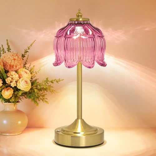 Cordless Table Lamp, Rechargeable Purple Glass Lotus Flower Lamp by Unknown