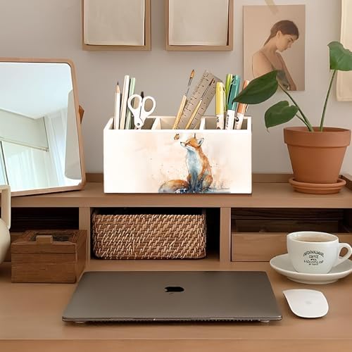 Fox Pen Pencil Holder for Desk Accessories, Fox Gifts for Women, Animal Lovers Gifts, Rustic Butterfly Wild Animal Wooden Box Sign Decorations for Kids Room Home Office Desk Tabletop - Image 3