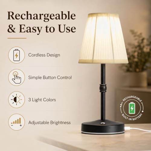 3000mah Battery Powered Lamp for Home,Small Cordless Lamps Rechargeable,3 Color Temperature 5W LED Touch Lamp Battery Operated Table Lights,Wireless Lamps for Tables,Kitchen,Living Room (Black,H11”) - Image 2