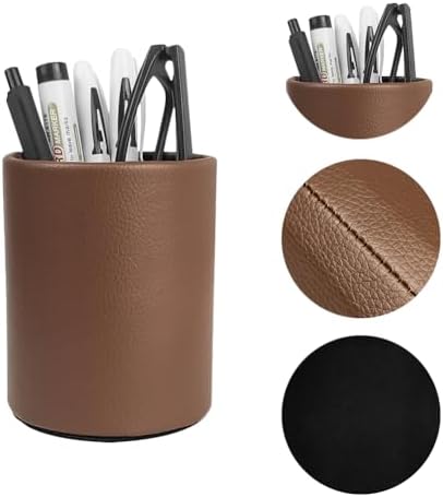 PU Leather Pen Holder Desk 3.94-inch Tall Pencil Cup Organizer - Image 2