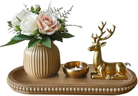 dwellington Wooden Farmhouse Decorative Tray, 11.8in Rustic Beaded Tray for Living Room Decor, Kitchen Table Décor, Oval Coffee Table Serving Tray (Natural) by dwellington