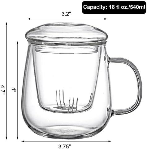 Tosnail 2 Pack 18 Ounce Large Glass Tea Cup with Lid and Tea Infuser Set, Tea Mugs with Strainer, Clear Teacups with Tea Filter, Glass Cups for Blooming Tea, Loose Tea Brewing - Image 2