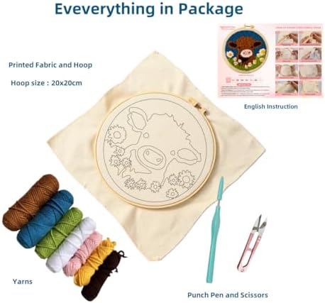 DIY Punch Needle Kits Highland Cow with Daisy Flower with Hoop 20x20cm-1 - Image 2