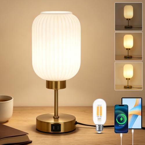 LAMSU Vintage Gold Table Lamp with Cream Glass Shade, Small Beside Lamp with Bulb, USB Ports, 3 Way Dimmable Nightstand Lamp, Mid Century Modern Desk Lamp for Bedroom Living Room, Home Decor by LAMSU