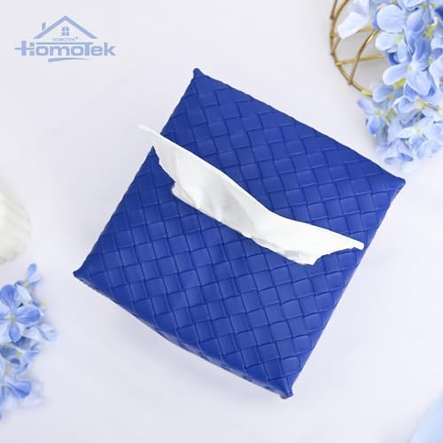 HOMOTEK 2 Pack Tissue Box Cover, Square PU Leather Tissue Holder, Decorative Facial Tissue Cube Paper Organizer Dispenser for Bathroom, Night Stands, Desk, Car 5X5X5'' - Woven Waffle,Blue - Image 2