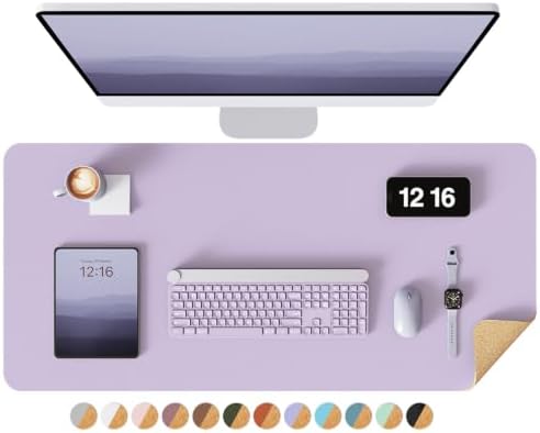 YSAGi Double-Sided Desk Pad, 35.4"x17"Leather Desk Mat, Eco Cork Desk Pad Protector,Large Mouse Pad,Waterproof Desk Blotter for Office/Home(Light Purple) by YSAGi