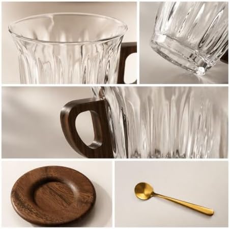 Glass Coffee Cup Set with Wooden Handle and Wooden Saucer, Clear Latte Cappuccino Espresso Mug, Heat Resistant Drinkware Gift for Home Office Café Use - Image 3