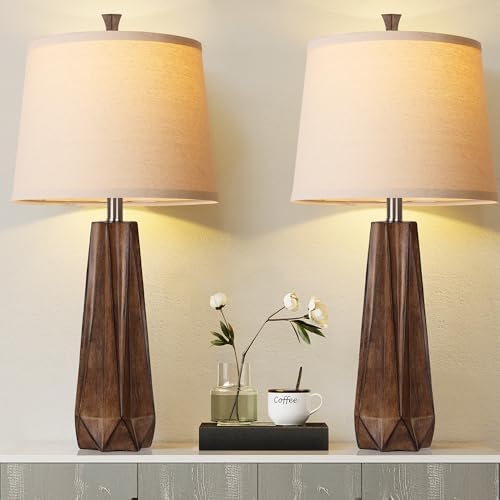 WIHTU 27" Wood Grain Resin Table Lamp Set of 2,Modern Beside Lamp for Decor by WIHTU
