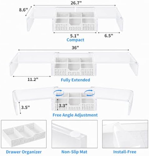 OPNICE Clear Acrylic Desk Organizers and Accessories, Dual Monitor Stand Riser with Drawer and 2 Pen Holders, Desk Shelf Printer Stand for Office Workspace Organizers, Desktop Organization (Transparent) - Image 4