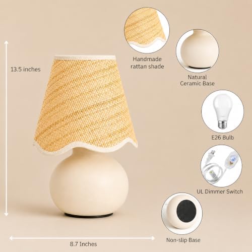 11" Small Mini Boho Table Lamp – Handmade Ceramic Cream Base with Scallop Woven Rattan Shade, Dimmable Plug-In Accent Light for Bedroom, Nightstand, Small Spaces, Kitchen Counter, Bookshelf - Image 5