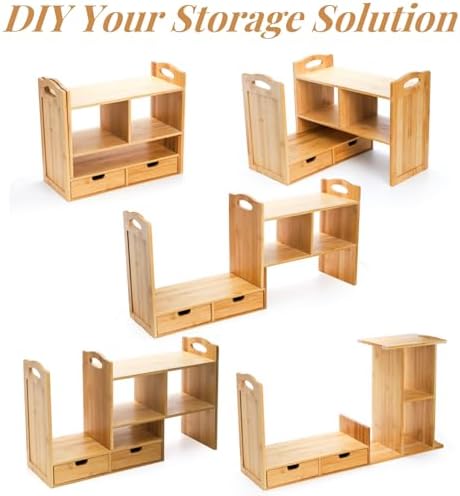 Eorbow Bamboo Desktop Bookshelf, Expandable Counter Bookcase, Storage Shelves Rack Organizer with Anti-Slip Pads, Cute Small Desk Display Cubby Top for Office Supplies, No Assembly Needed - Image 5