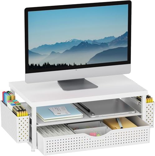 gianotter Desk Organizers and Accessories, Monitor Stand with Drawer and 2 Pen Holder, Desktop Organizer Suitable for Offices and Dormitories (White-Plain) by gianotter