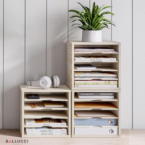 Ballucci 5-Tier File Organizer for Desk, Mail Sorter, Office Desk Organization, Paper Storage Organizers, Folder Holder for Desk, Letter Trays & Stacking Supports, Brushed Wood - Image 6