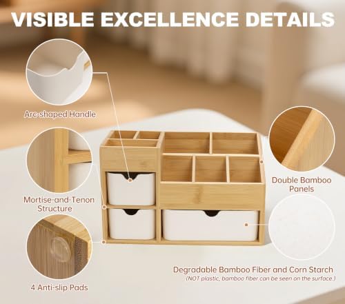 Bamboo Desktop Organizer with 3 Drawers, Drawer Tabletop Storage Organization Box for Home/Office, 3-Tier Makeup Vanity Organizer for Dresser Countertop, Detachable Divider - Image 3