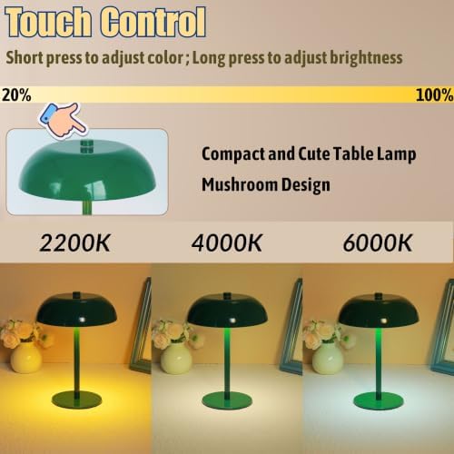 Cordless LED Mushroom Table Lamp, 5200mAh Battery, Dimmable 3 Color, Green - Image 2