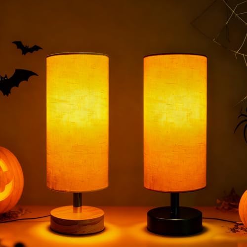 Bedside Table Lamps, Table Lamp for Bedroom, Lamps for Night Stands with Linen Lampshades, Small Table Lamp for Living Room, Office (Bulb Excluded) (Wood) - Image 2
