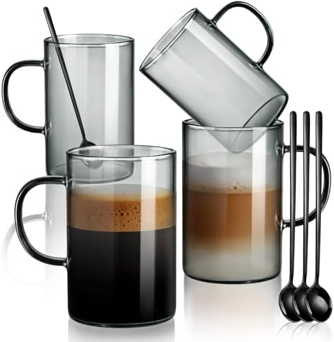 ecooe 4pcs Set Black Borosilicate Glass Coffee Mugs Set with Black Stainless Steel Spoons, 16oz Large Clear Glasses Coffee Cups with Anti Scald Handle for Hot/Cold Tea, Cappuccino 430ml (Use Capacity) by ecooe