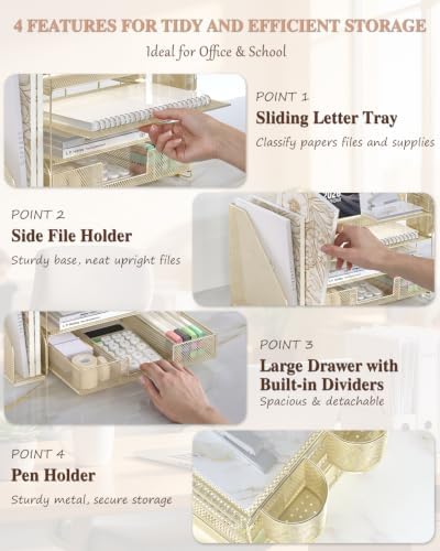 WALI Desk File Organizer, 4 Tier Desktop Paper Letter Tray Organizer with Drawer and 2 Pen Holders, Office Desk Accessories & Workspace Organizers for Office, Home, School Supplies, 1 Pack, Gold - Image 4