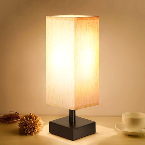 aooshine Small Bedside Table Lamp for Bedroom - Square Cream Fabric Shade by Aooshine