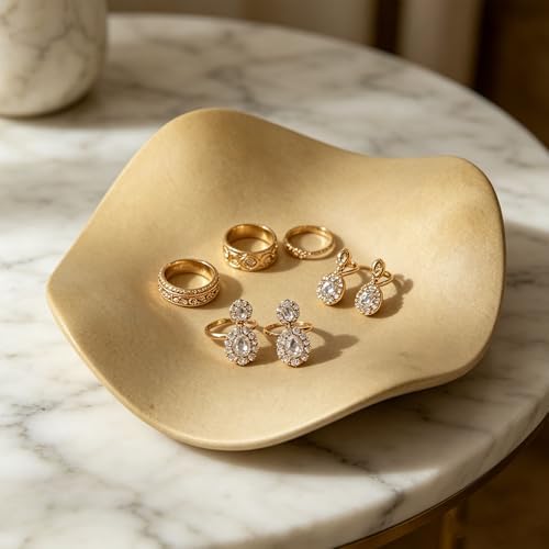 ZJchao Ceramic Jewelry Tray Ring Dish Key Tray 6.69x6.69x1.18in Minimalist Vanity for Rings Earrings Keys with Polished Finish for Bedroom Bathroom Decor (Gold) - Image 4