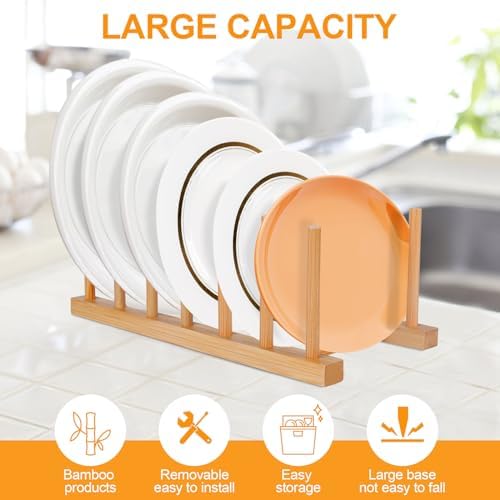 SAMEBUTECO Bamboo Wooden Dish Racks Plate Stand Holder Vertical Drainer Kitchen Cabinet Organizer for Dish, Pots, Lids, Bowls, Cups, and Cutting Boards and Books(2 Packs) - Image 5