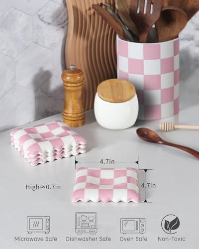 Ceramic Spoon Rest, Pink Checkered Spoon Rest for Stove Top, Large Spoon Holder, Spoon Rest for Kitchen Counter, Coffee Accessories for Housewarming& Coffee Station - Image 3
