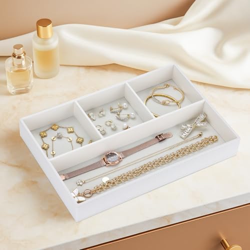 GORESE Faux Leather Valet Tray, Stackable Jewelry Trays for Dresser Table Drawer, Nightstand Organizer for Men Women, EDC Catch All Tray for Trinket, Key, Purse, Sunglass, Watch, Cologne, White - Image 3