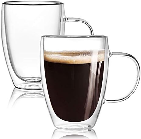12 Oz Double Walled Glass Coffee Mugs with Handle, Insulated Layer Coffee Cups, Clear Borosilicate Glass Mugs - Gift for Cappuccino,Tea,Latte,Espresso,Hot Beverage,Cold Drinks, Set of 2 by Wells
