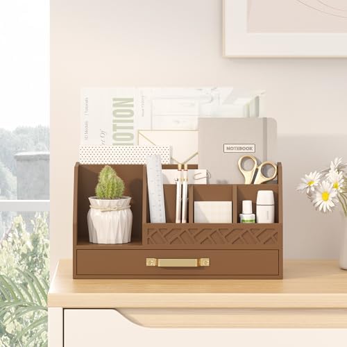 Bamboo Desk Organizer with Drawers, Mail Organizer Countertop Wood Desk Drawer Tabletop Storage Organization Pen Holder Letter Sorter Makeup Organizer for School Home Office (Brown) - Image 2