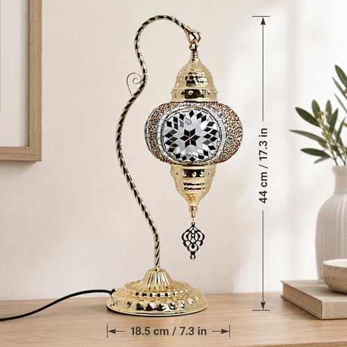GOGERS Turkish Mosaic Table Lamp, Moroccan Style Swan Neck Bedside Lamp with Handmade Glass Shade, LED Bulb Included, Warm Ambient Decorative Accent Lamp for Bedroom, Living Room, Nightstand (Brown) - Image 2