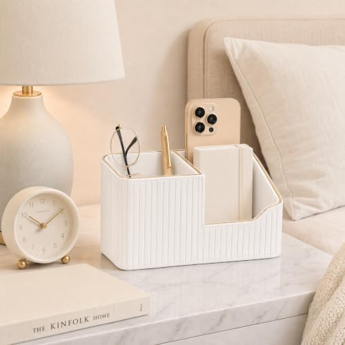 KINGFOM Luxury PU Leather Desk Organizer for Office Accessories, Aesthetic Pen Holder for Desk, Modern Desktop Storage Organizer for Home Office Supplies Cream White with Gold Trim - Image 6