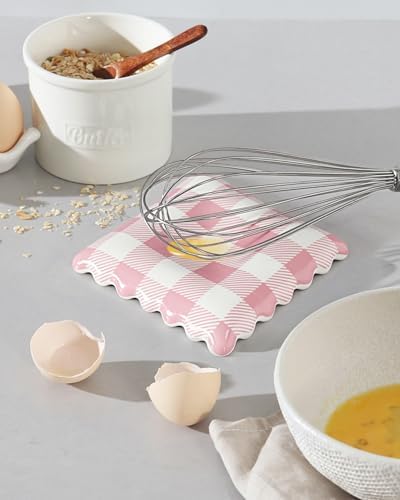 Ceramic Spoon Rest, Pink Gingham Spoon Holder for Stove Top Kitchen Counter Coffee Station, Cute Kitchen Decor - Image 2