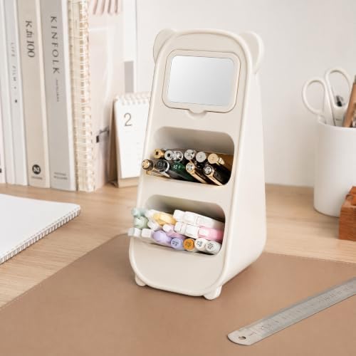 Cute Bear Pen Holder for Desk with Detachable Magnetic Mirror, Aesthetic Cream White Desk Organizer, 2-Compartment Pencil Cup Storage for Office & School - Image 3