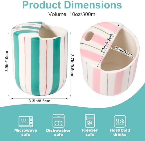 Ceramic Coffee Mug with Sip Hole 10oz Aesthetic Espresso Cup with Hand Painted Striped Coffee Mug for Kitchen Dining Travel (Pink&Green, 2Pack) - Image 2