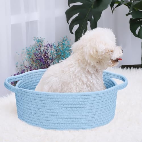 ABenkle Small Basket with Handles, Boho Decorative Rope Woven Dog Cat Toy Storage Bin Shelf Storage Organizer, Easter Christmas Gift Basket, 12"x8"x5", Blue - Image 4