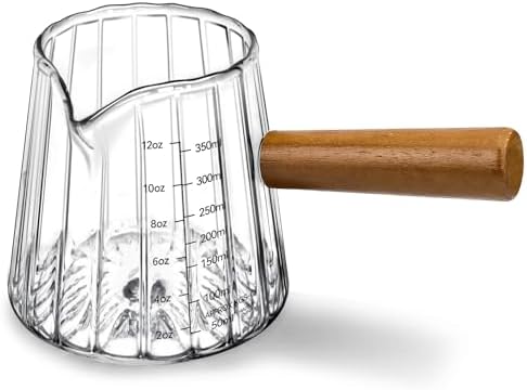 Espresso Measuring Cup 12 Oz, Espresso Glass Cups with Wood Handle, Milk Frothing Cup, Espresso Cup for Coffee, Milk, Tea or Maple Syrup Serving (Transparent, 12 oz) by Unknown
