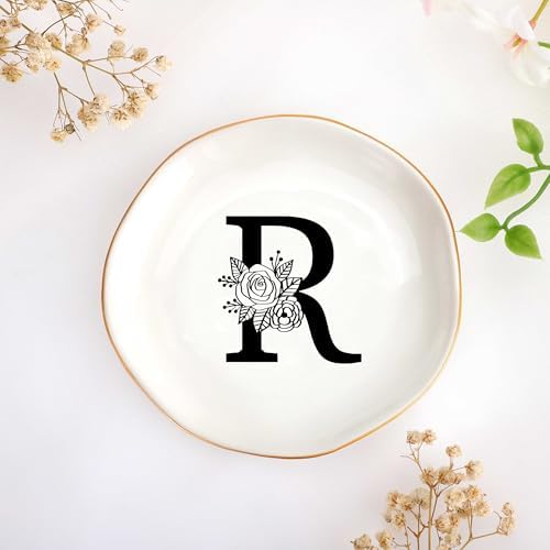 JoycuFF Initial R Ceramic Jewelry Tray, Bridesmaid Bride Gifts, Mothers Day Christmas Anniversary Engagement Birthday Gifts for Women Couples, Trinket Dish for Rings Earrings Necklaces Bracelets Keys by Joycuff
