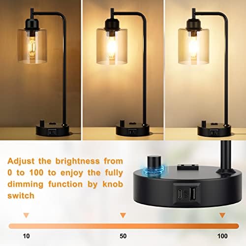 Industrial Bedside Desk Lamps for Bedroom - Grey Smoked Glass Shade Table Lamp with USB C Port, Fully Dimmable Small Lamps with USB Port and Outlet, Reading Nightstand Lamps for Office Living Room - Image 2