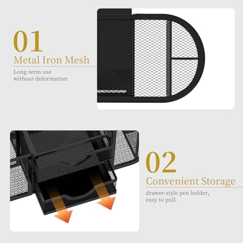 SUPEASY Mesh Desk Organizer, Pen Holder for Desk with 2 Drawers, Black - Image 5