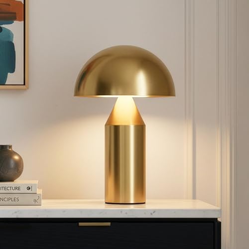 Brightech Venus Mushroom Table Lamp - Modern Lamp for Living Room, Bedroom Side/End Table - Dimmable, Unique Side Table LED Lamp Shade for Office, Reading - Brass/Gold, 14" Tall by Brightech