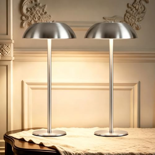 2 Pack Portable LED Mushroom Table Lamp, 12H Cordless Metal Night Light with Rechargeable Battery, Stepless Dimmable 3 Colors Desk Lamp for Bedroom Bar Coffee Shop(Brushed Silver) by Unknown