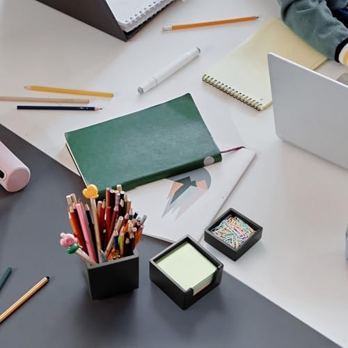 Black Desk Organizer Set of 3 - Wood Office Desk Accessories - Desk Organizers and Accessories for Women Men - Set incl. Pencil Pen Holder, Paperclip Storage and Sticky Note Holder - Image 5